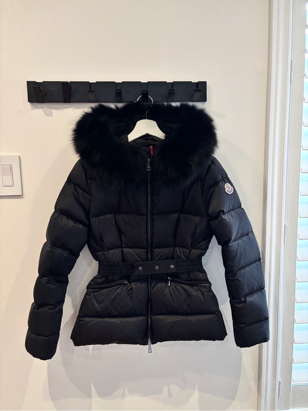 Moncler Black Quilted Down Jacket with Fur-Trim Hood